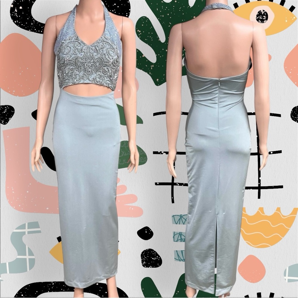 Sterling by Stone Ferris | Vintage Beaded Halter Cut Out Formal Maxi Gown